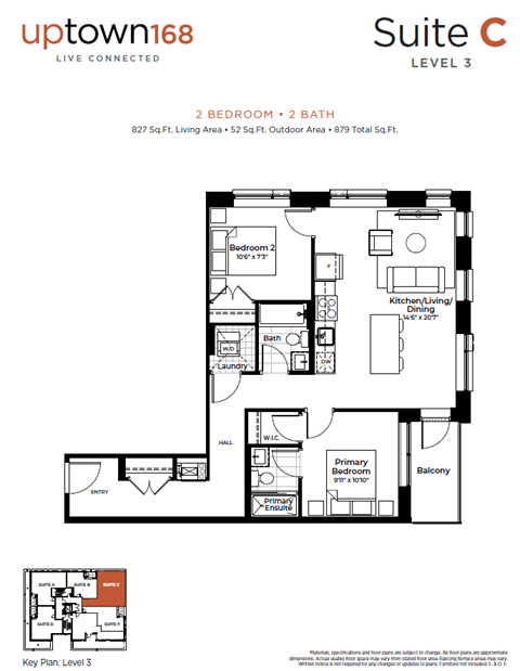 Floor plan for 2 beds, 2 baths, 835 sqft